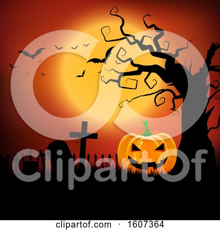 Clipart of a Halloween Pumpkin Under a Bare Tree in a Cemetery, with an Orange Full Moon and Bats - Royalty Free Vector Illustration by KJ Pargeter