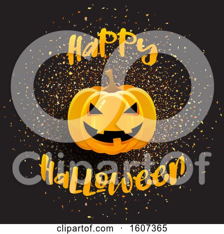 Clipart of a Happy Halloween Greeting with a Jackolantern over Confetti - Royalty Free Vector Illustration by KJ Pargeter
