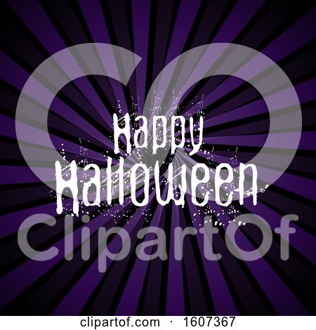 Clipart of a White Grunge Happy Halloween Greeting over Purple Rays - Royalty Free Vector Illustration by KJ Pargeter