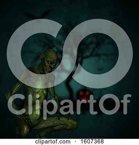 Clipart of a 3d Demon over a Blurred Halloween Background - Royalty Free Illustration by KJ Pargeter