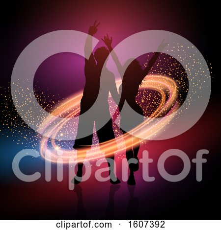 Clipart of a Silhouetted Party Couple Dancing in a Ring of Lights - Royalty Free Vector Illustration by KJ Pargeter