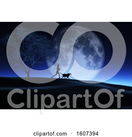 Clipart of a 3d Silhouetted Female Runner and Dog Against a Full Moon at Night - Royalty Free Illustration by KJ Pargeter