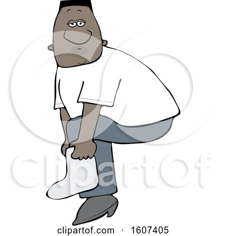 Clipart of a Cartoon Black Male Slipping on a Boot Cover - Royalty Free Vector Illustration by djart