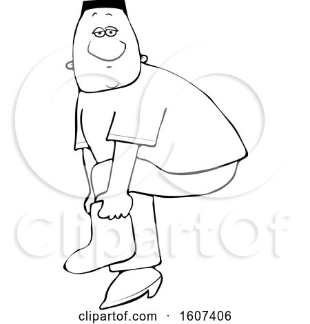 Clipart of a Cartoon Lineart Black Male Slipping on a Boot Cover - Royalty Free Vector Illustration by djart