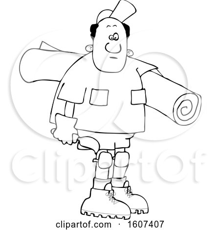 Clipart of a Cartoon Lineart Black Male Carpet Layer Carrying a Roll and Trowel - Royalty Free Vector Illustration by djart