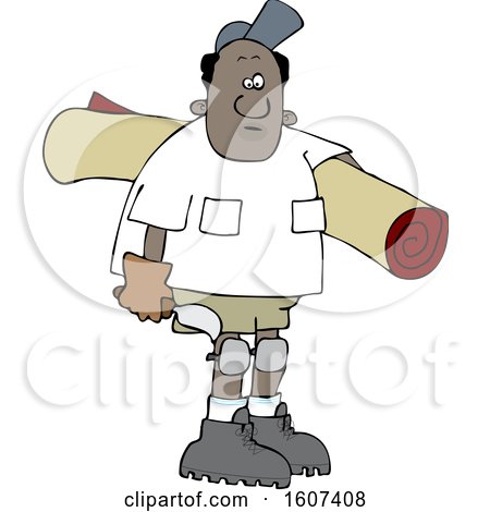 Clipart of a Cartoon Black Male Carpet Layer Carrying a Roll and Trowel - Royalty Free Vector Illustration by djart
