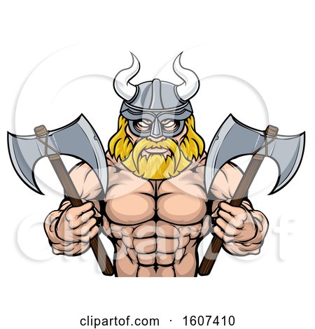 Clipart of a Muscular Shirtless Blond Male Viking Warrior Holding Axes, from the Waist up - Royalty Free Vector Illustration by AtStockIllustration