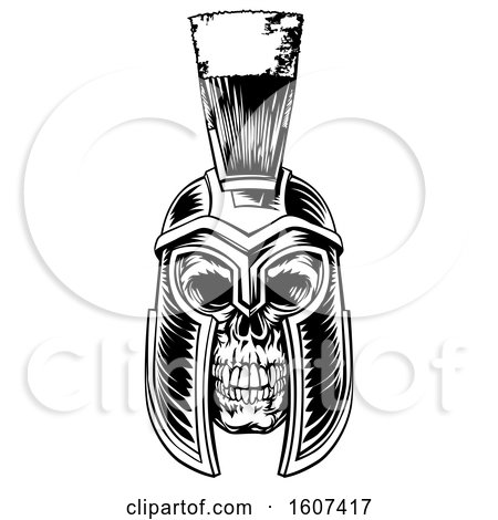 Clipart of a Black and White Skull Wearing a Trojan Spartan Helmet - Royalty Free Vector Illustration by AtStockIllustration