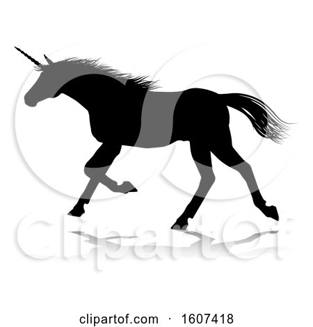 Clipart of a Black Silhouetted Unicorn Horse, with a Reflection or Shadow, on a White Background - Royalty Free Vector Illustration by AtStockIllustration