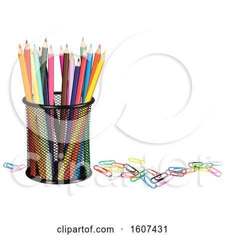 Clipart of a 3d Cup with Colored Pencils and Paper Clips - Royalty Free Vector Illustration by dero