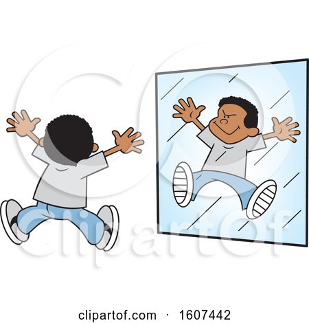 Clipart of a Cartoon Black Boy Acting like a Monster in a Mirror - Royalty Free Vector Illustration by Johnny Sajem