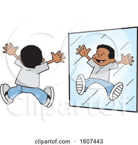 Clipart of a Cartoon Happy White Black Jumping in a Mirror - Royalty Free Vector Illustration by Johnny Sajem