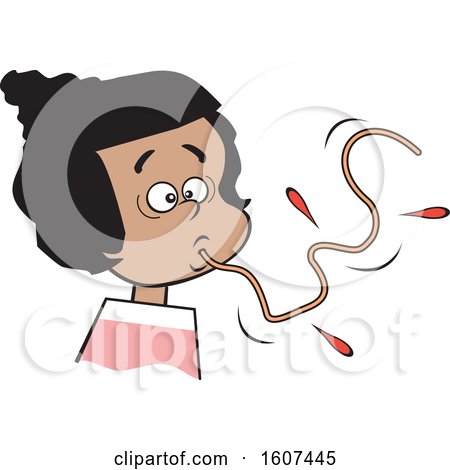Clipart of a Cartoon Black Girl Sucking up a Messy Noodle, How Not to Eat Spaghetti - Royalty Free Vector Illustration by Johnny Sajem