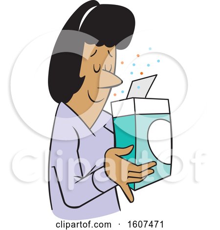 Clipart of a Cartoon Black Woman Smelling a Pleasant Aroma from a Boxed Product - Royalty Free Vector Illustration by Johnny Sajem