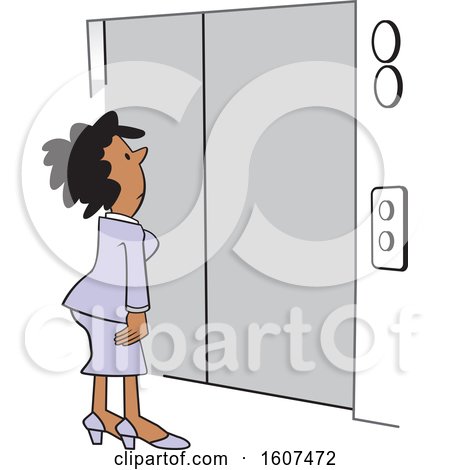 Clipart of a Cartoon Black Business Woman Waiting for an Elevator - Royalty Free Vector Illustration by Johnny Sajem