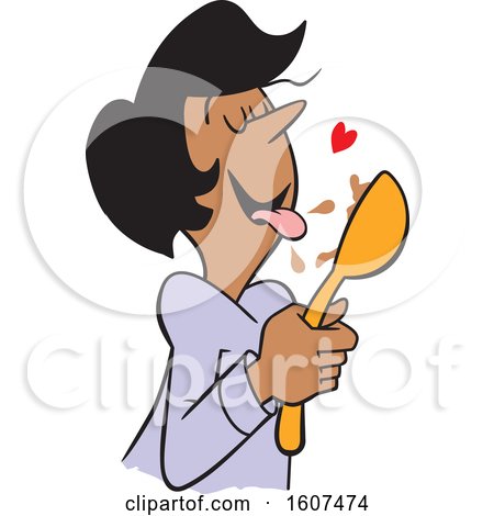 Clipart of a Cartoon Black Woman Licking Chocolate Batter from a Spoon - Royalty Free Vector Illustration by Johnny Sajem