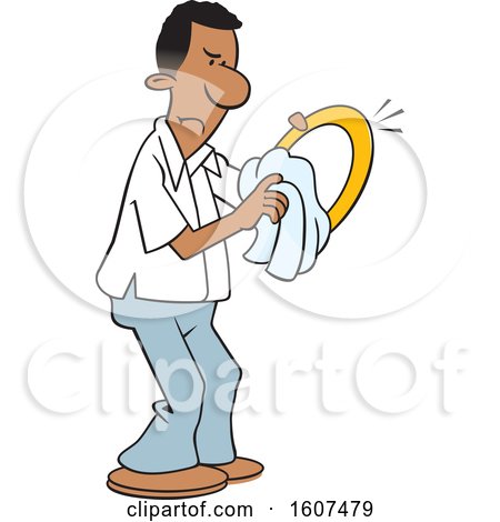 Clipart of a Cartoon Black Man Unhappily Drying Dishes - Royalty Free Vector Illustration by Johnny Sajem