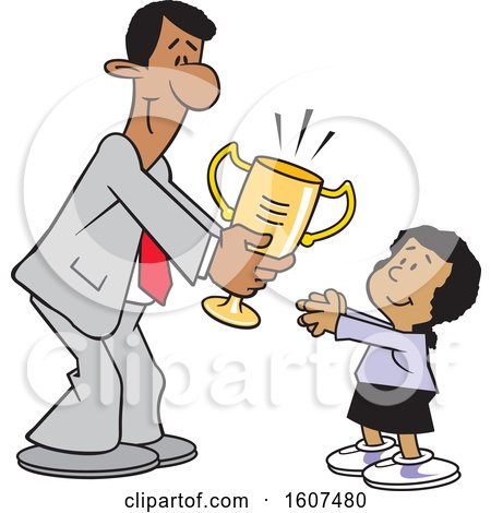 Clipart of a Cartoon Black Business Man Giving a Girl a Trophy - Royalty Free Vector Illustration by Johnny Sajem
