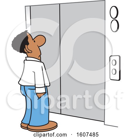 Clipart of a Cartoon Black Business Man Waiting for an Elevator - Royalty Free Vector Illustration by Johnny Sajem