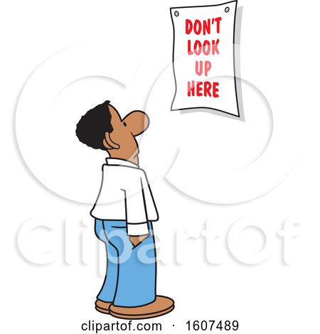 Clipart of a Cartoon Black Business Man Looking at a Dont Look up Here Sign - Royalty Free Vector Illustration by Johnny Sajem
