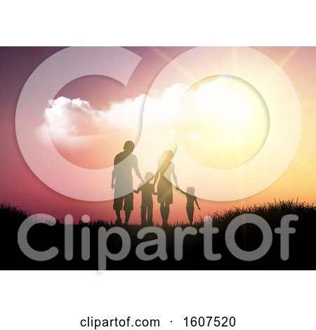 Clipart of a Silhouetted Family Holding Hands Against a Sunset - Royalty Free Vector Illustration by KJ Pargeter