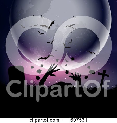 Clipart of a Halloween Background with Zombie Hands Erupting out of the Ground Against a Moonlit Sky - Royalty Free Vector Illustration by KJ Pargeter