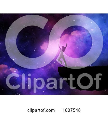 Clipart of a 3D Render of a Silhouette of a Joyful Female Against a Space Night Sky - Royalty Free Illustration by KJ Pargeter