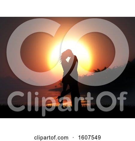Clipart of a 3D Render of a Silhouette of a Loving Couple Against a Tropical Sunset Landscape - Royalty Free Illustration by KJ Pargeter