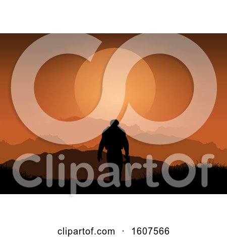 Clipart of a Silhouette of a Soldier Against a Sunset Landscape - Royalty Free Vector Illustration by KJ Pargeter