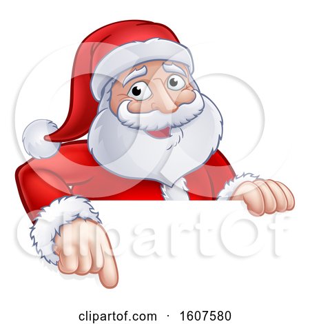 Clipart of a Cartoon Christmas Santa Claus Face Pointing over a Sign - Royalty Free Vector Illustration by AtStockIllustration