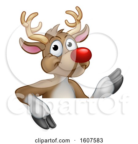 Clipart of a Red Nosed Christmas Reindeer over a Sign - Royalty Free Vector Illustration by AtStockIllustration