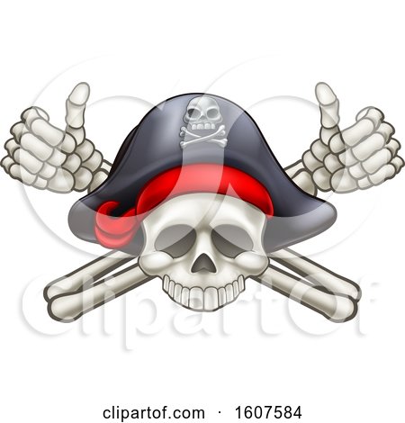 Clipart of a Pirate Skull and Cross Bones Jolly Roger, with Thumbs up - Royalty Free Vector Illustration by AtStockIllustration