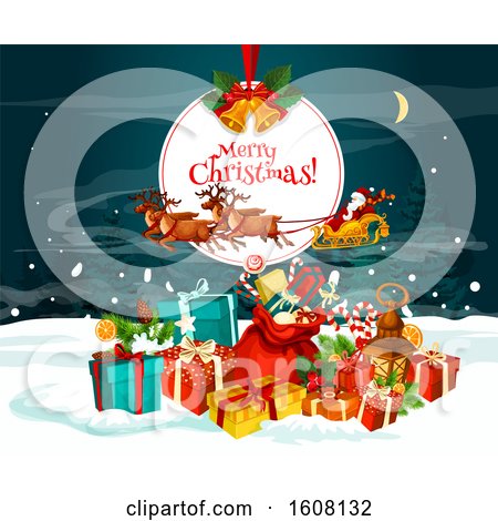 Clipart of a Merry Christmas Greeting with Santas Sleigh - Royalty Free Vector Illustration by Vector Tradition SM