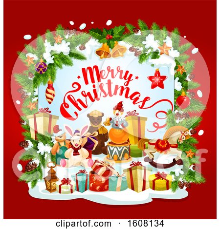 Clipart of a Merry Christmas Greeting with Toys and Gifts - Royalty Free Vector Illustration by Vector Tradition SM