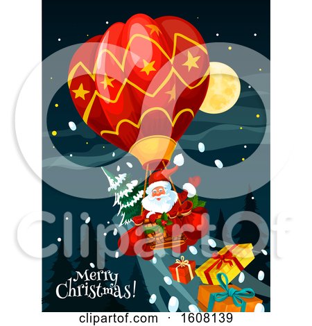Clipart of a Merry Christmas Greeting with Santa in a Hot Air Balloon - Royalty Free Vector Illustration by Vector Tradition SM