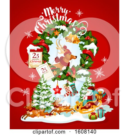 Clipart of a Merry Christmas Greeting with Santa and a Reindeer - Royalty Free Vector Illustration by Vector Tradition SM