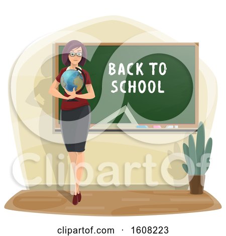 Clipart of a Teacher Holding a Globe by a Back to School Chalkboard - Royalty Free Vector Illustration by Vector Tradition SM