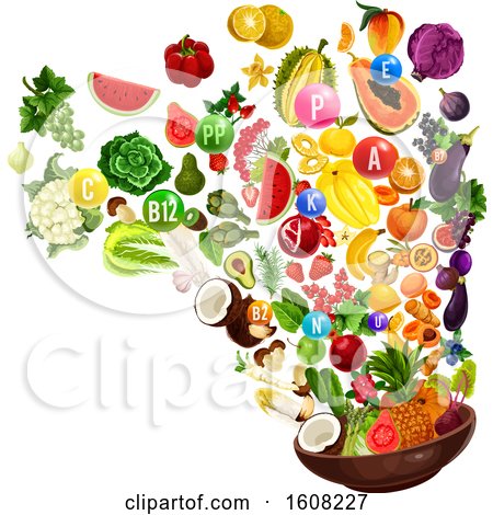 Clipart of a Colorful Diet with Vitamin Bubbles and Food - Royalty Free Vector Illustration by Vector Tradition SM