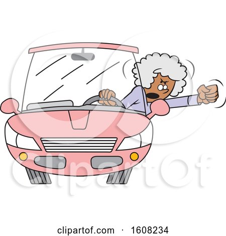 Clipart of a Cartoon Black Senior Female Driver with Road Rage, Waving Her Fist out of the Window - Royalty Free Vector Illustration by Johnny Sajem