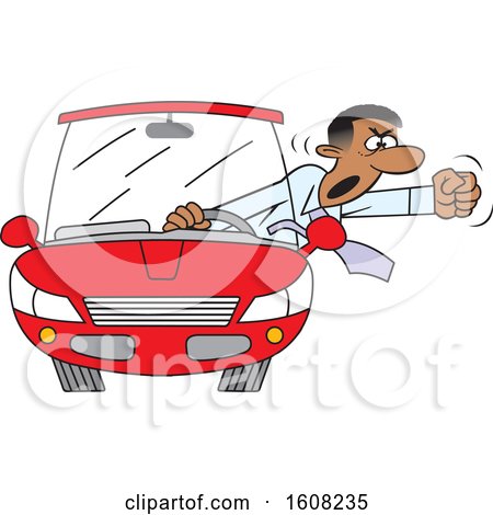 Clipart of a Cartoon Black Male Driver with Road Rage Waving His Fist out of His Window - Royalty Free Vector Illustration by Johnny Sajem