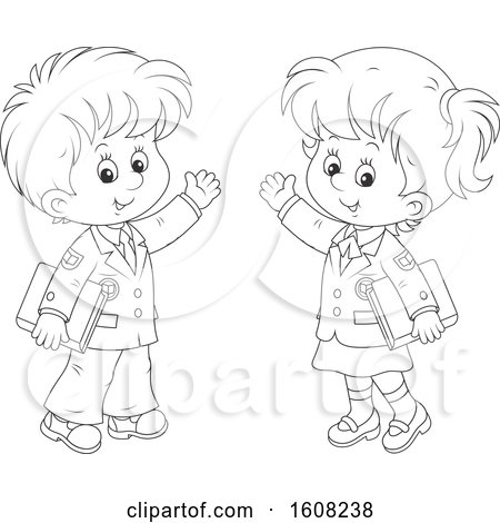 Clipart of a Lineart School Boy and Girl Waving and Holding Books - Royalty Free Vector Illustration by Alex Bannykh