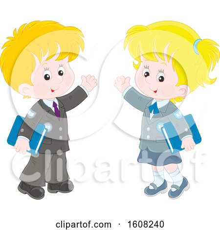 Clipart of a School Boy and Girl Waving and Holding Books - Royalty Free Vector Illustration by Alex Bannykh