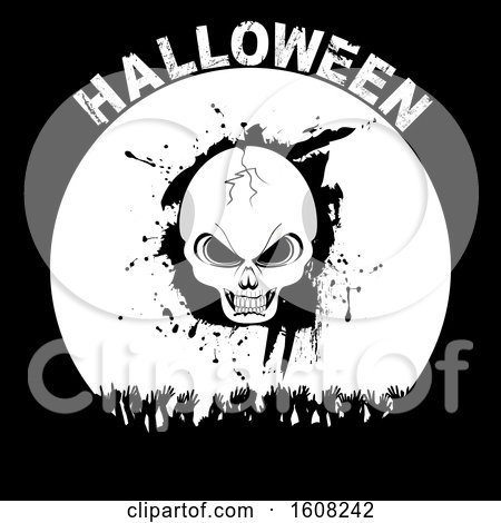 Clipart of a Halloween Silhouette Background with Skull Cheering Hands and Decorative Text - Royalty Free Vector Illustration by elaineitalia