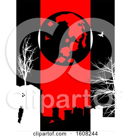 Clipart of a Halloween Black Background with Red Panel and Silhouette of Cemetery Creepy Trees Moon and Bats - Royalty Free Vector Illustration by elaineitalia