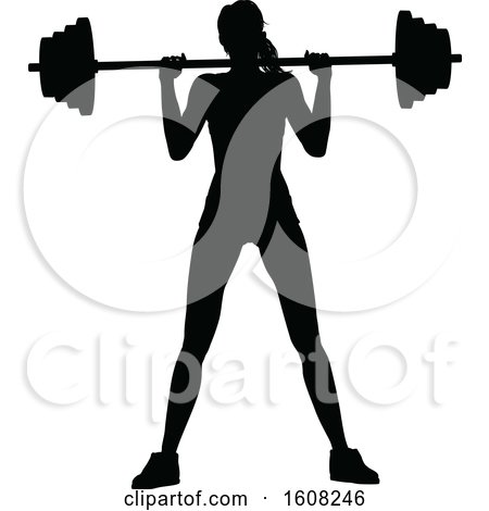 Clipart of a Silhouetted Woman Working out and Doing Squats with a Barbell - Royalty Free Vector Illustration by AtStockIllustration