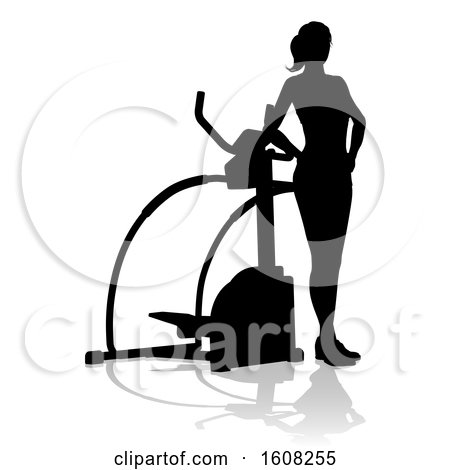 Clipart of a Silhouetted Woman by a Stair Stepper, with a Shadow, on a White Background - Royalty Free Vector Illustration by AtStockIllustration