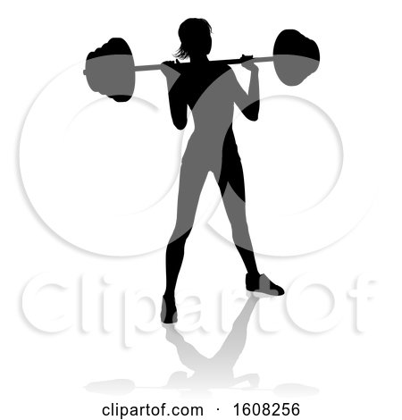 Clipart of a Silhouetted Woman Working out with a Barbell, with a Shadow, on a White Background - Royalty Free Vector Illustration by AtStockIllustration