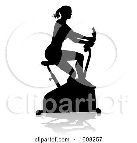 Clipart of a Silhouetted Woman Working out and Exercising on a Stationary Bike, with a Shadow, on a White Bcakground - Royalty Free Vector Illustration by AtStockIllustration