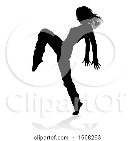 Clipart of a Silhouetted Female Hip Hop Dancer, with a Reflection or Shadow, on a White Background - Royalty Free Vector Illustration by AtStockIllustration