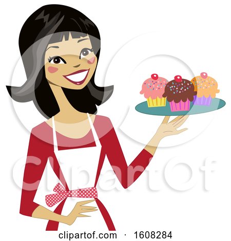 Clipart of a Happy Asian Baker Woman Holding a Tray of Cupcakes - Royalty Free Vector Illustration by peachidesigns